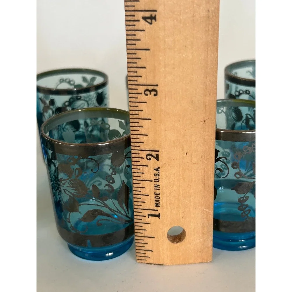 Vintage Murano Blue Art Glass Decanter 6 Shot Glasses Set Floral MCM